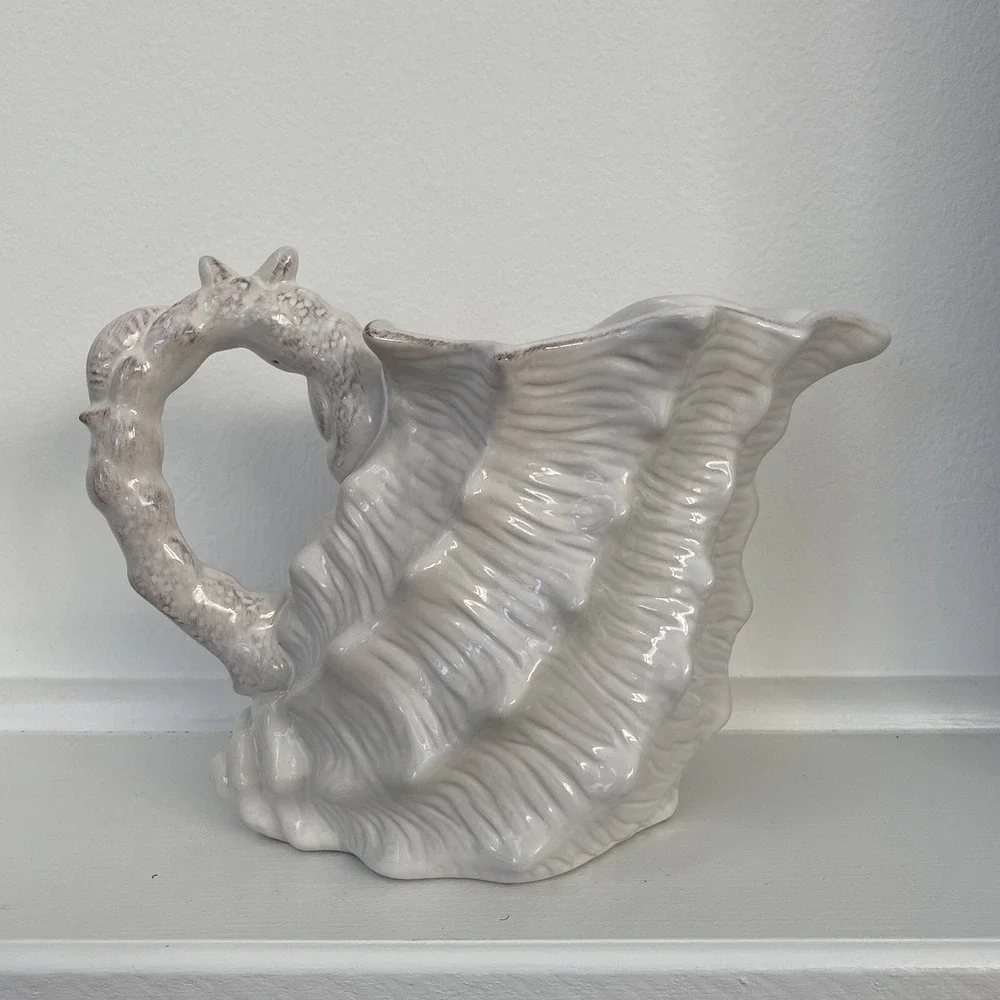 Blue Sky‎ Clayworks Off-White Conch Shell Pitcher New Old Stock 2015
